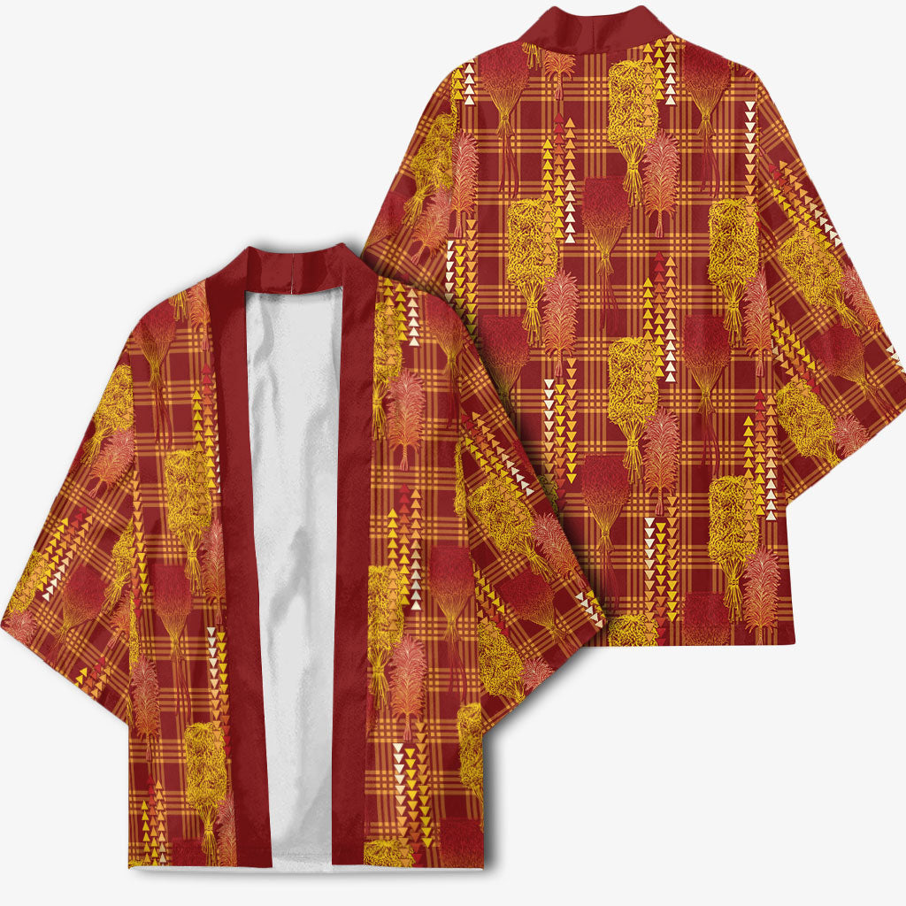 Aloha Hawaii Vintage Kahili Pa'a Lima Kimono Palaka Print Hilo Royal Red-Yellow