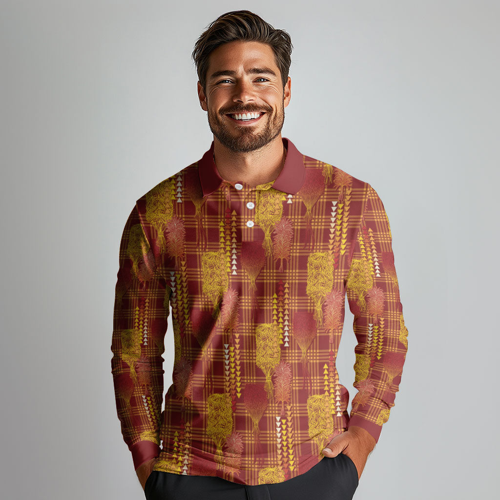 Aloha Hawaii Vintage Kahili Pa'a Lima Long Sleeve Polo Shirt Palaka Print Hilo Royal Red-Yellow