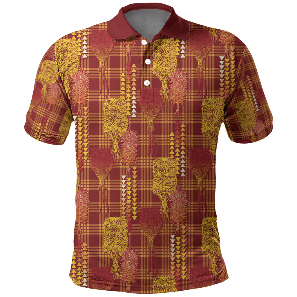 Aloha Hawaii Vintage Kahili Pa'a Lima Polo Shirt Palaka Print Hilo Royal Red-Yellow LT7 Red - Polynesian Pride