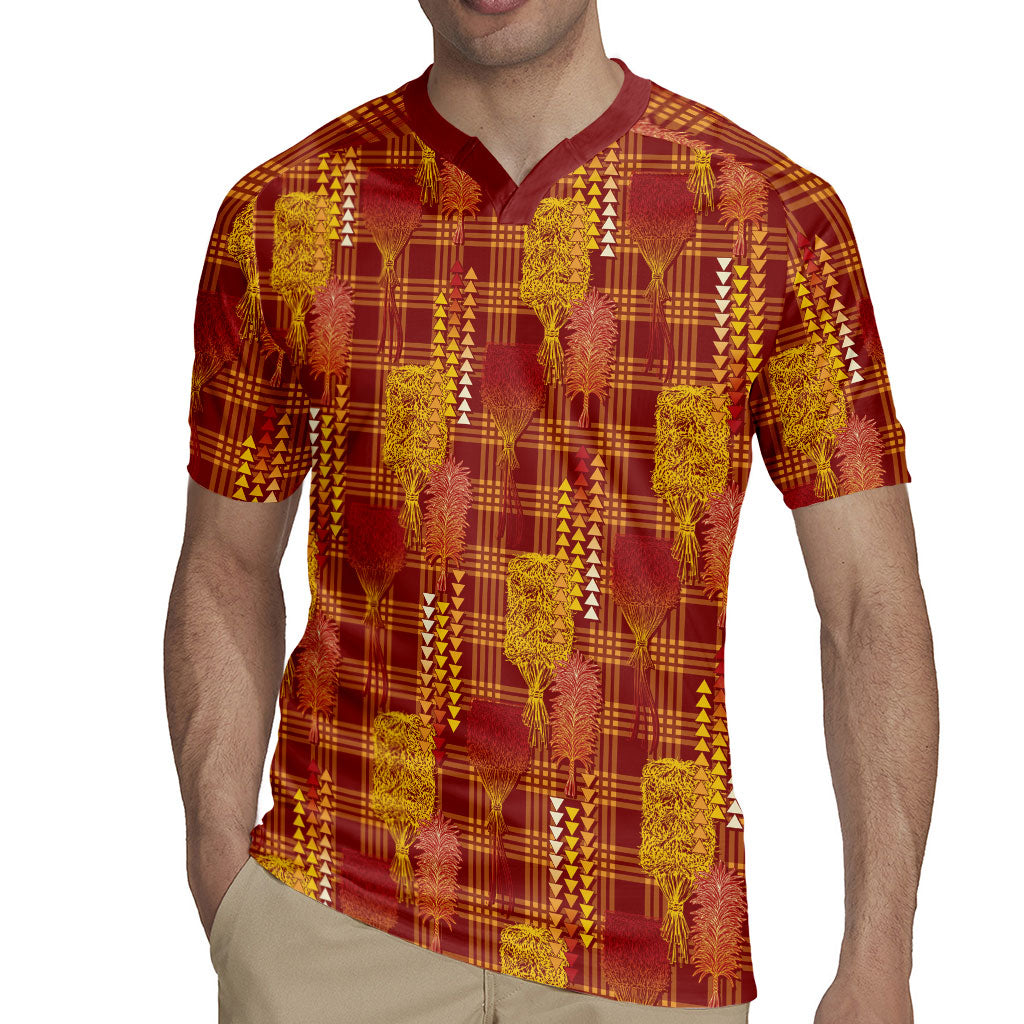 Aloha Hawaii Vintage Kahili Pa'a Lima Rugby Jersey Palaka Print Hilo Royal Red-Yellow