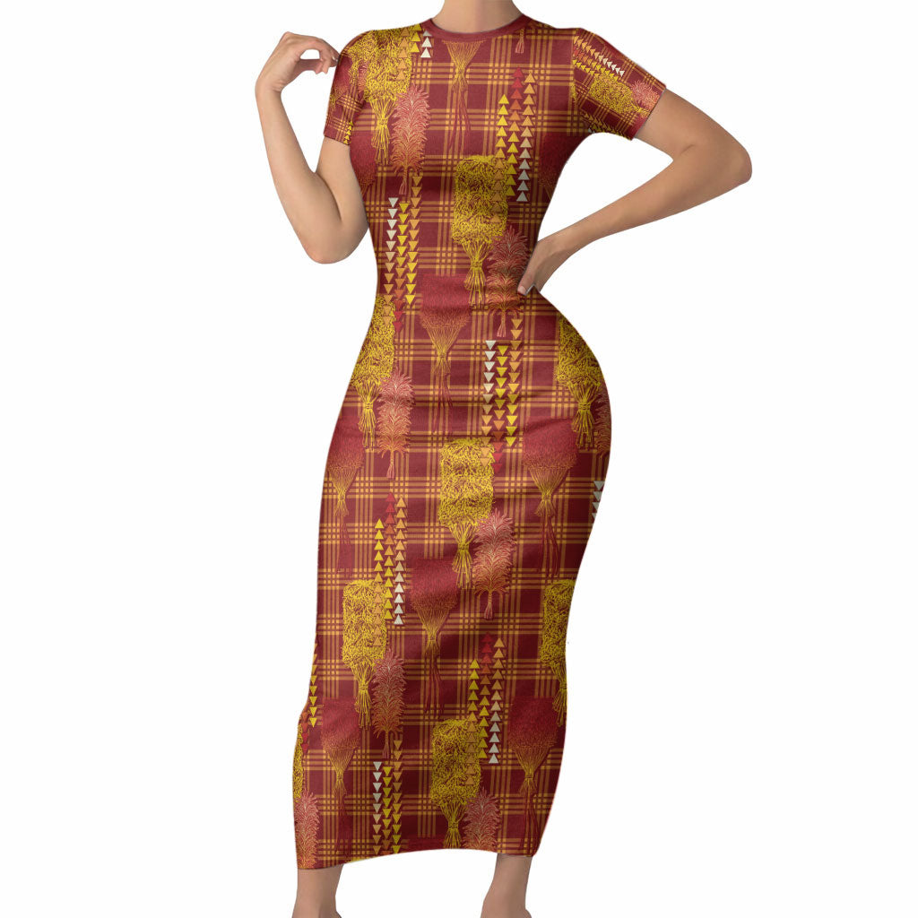 Aloha Hawaii Vintage Kahili Pa'a Lima Short Sleeve Bodycon Dress Palaka Print Hilo Royal Red-Yellow LT7 Long Dress Red - Polynesian Pride