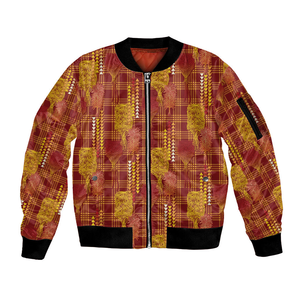 Aloha Hawaii Vintage Kahili Pa'a Lima Sleeve Zip Bomber Jacket Palaka Print Hilo Royal Red-Yellow LT7 Unisex Red - Polynesian Pride
