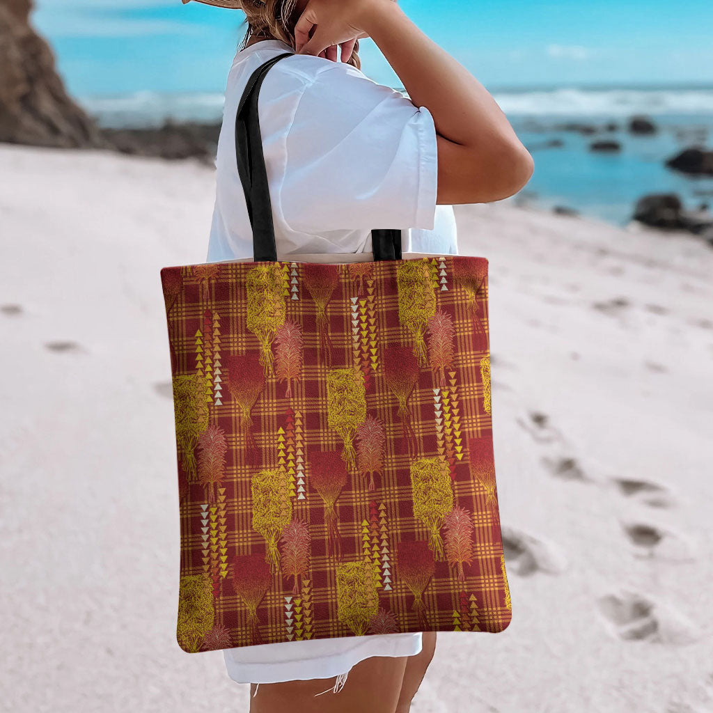 Aloha Hawaii Vintage Kahili Pa'a Lima Tote Bag Palaka Print Hilo Royal Red-Yellow