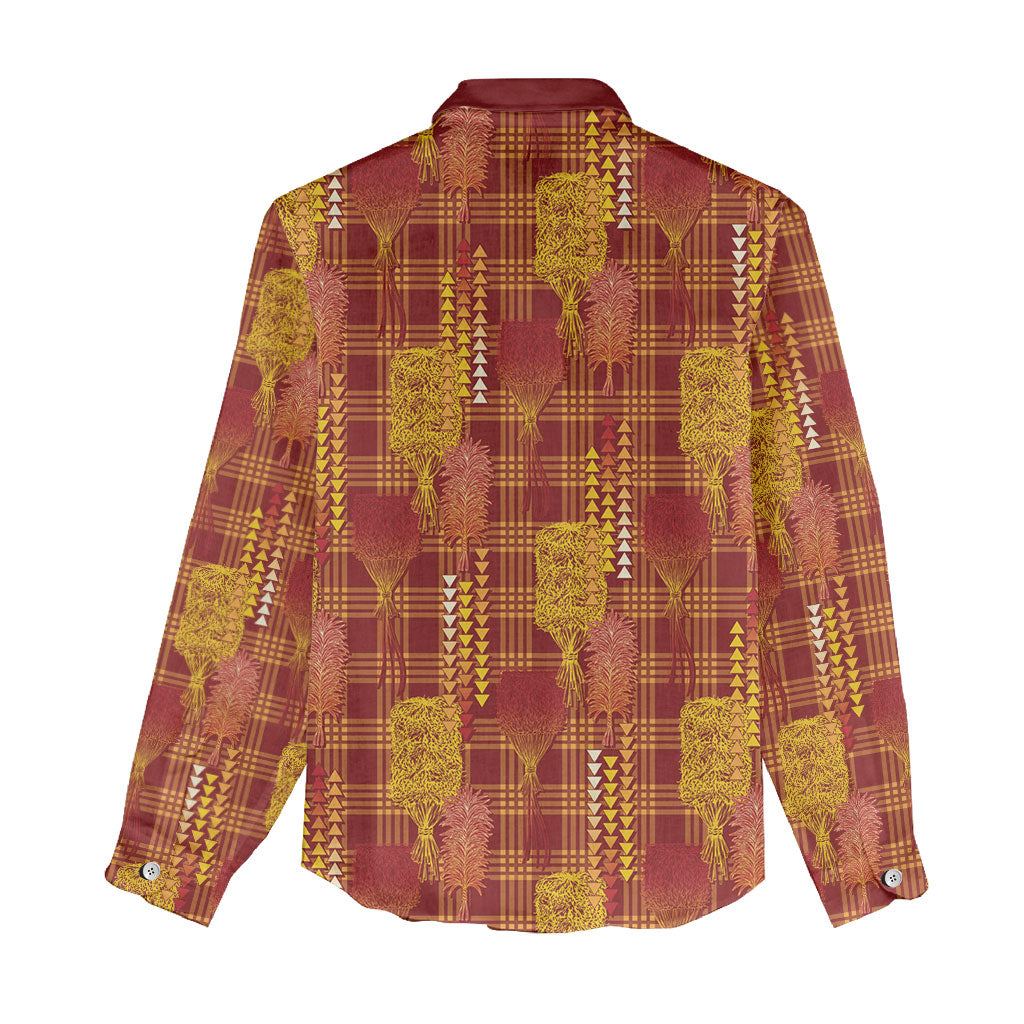 Aloha Hawaii Vintage Kahili Pa'a Lima Women Casual Shirt Palaka Print Hilo Royal Red-Yellow