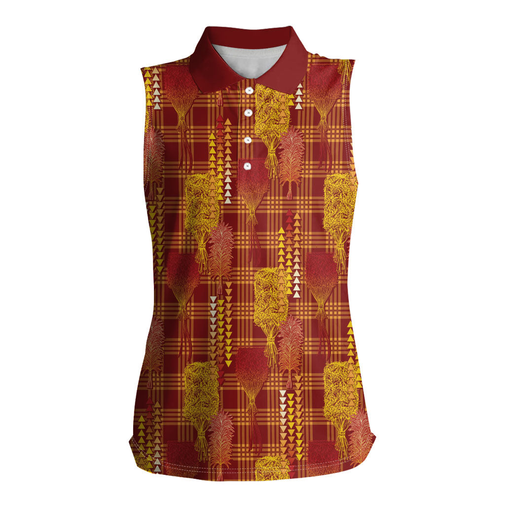 Aloha Hawaii Vintage Kahili Pa'a Lima Women Sleeveless Polo Shirt Palaka Print Hilo Royal Red-Yellow LT7 Female Red - Polynesian Pride