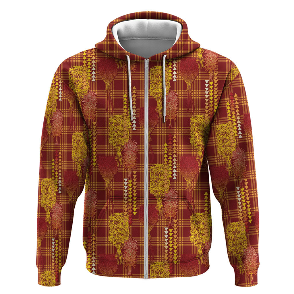 Aloha Hawaii Vintage Kahili Pa'a Lima Zip Hoodie Palaka Print Hilo Royal Red-Yellow LT7 Zip Hoodie Red - Polynesian Pride