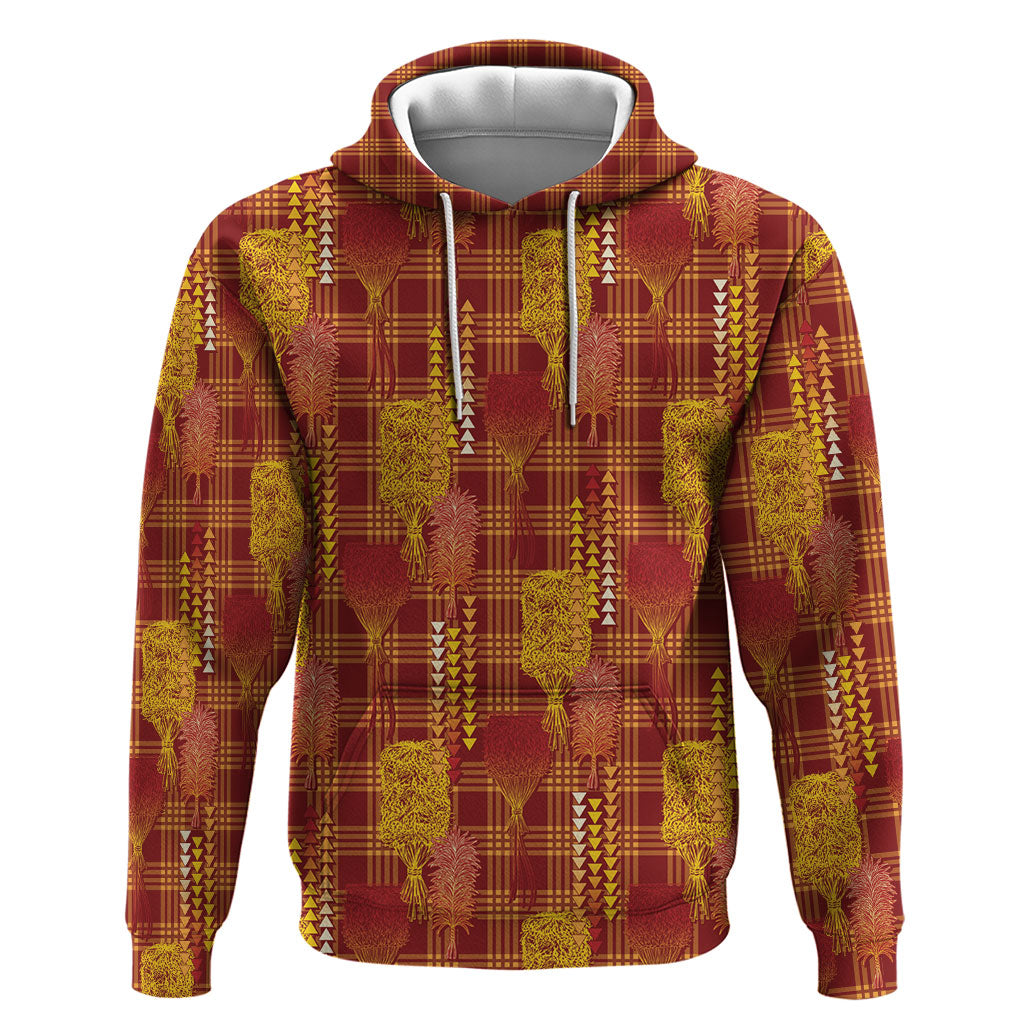 Aloha Hawaii Vintage Kahili Pa'a Lima Zip Hoodie Palaka Print Hilo Royal Red-Yellow