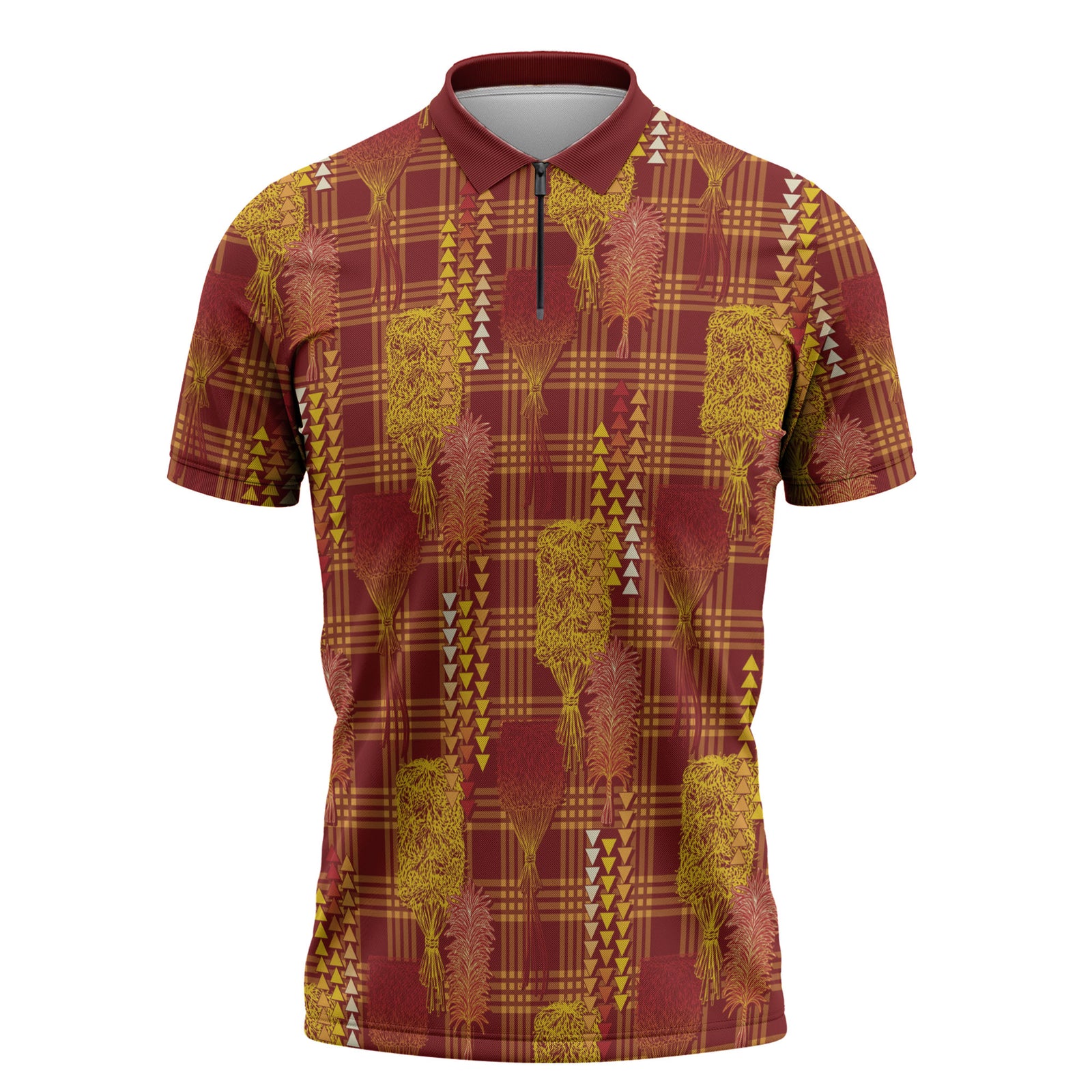 Aloha Hawaii Vintage Kahili Pa'a Lima Zipper Polo Shirt Palaka Print Hilo Royal Red-Yellow LT7 Red - Polynesian Pride