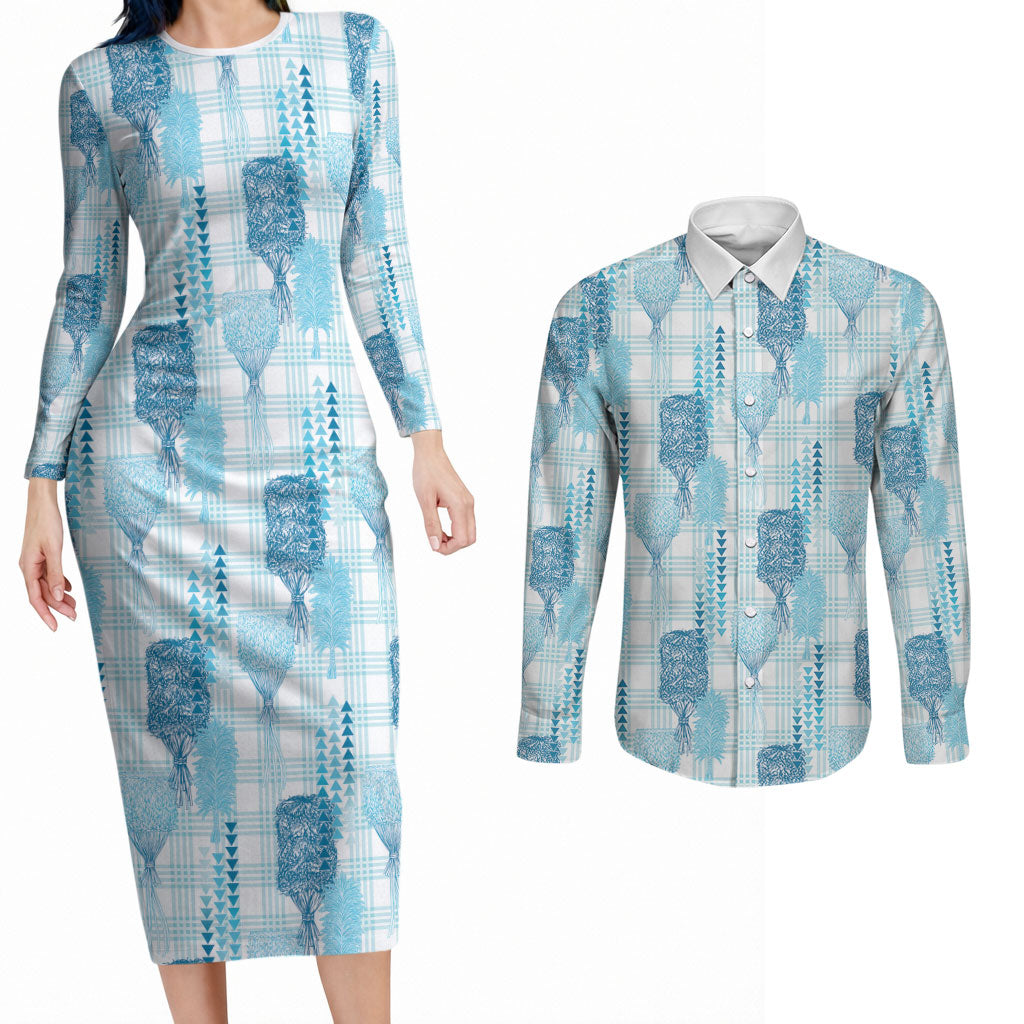 Aloha Hawaii Vintage Kahili Pa'a Lima Couples Matching Long Sleeve Bodycon Dress and Long Sleeve Button Shirt Palaka Print Oceanic Turquoise