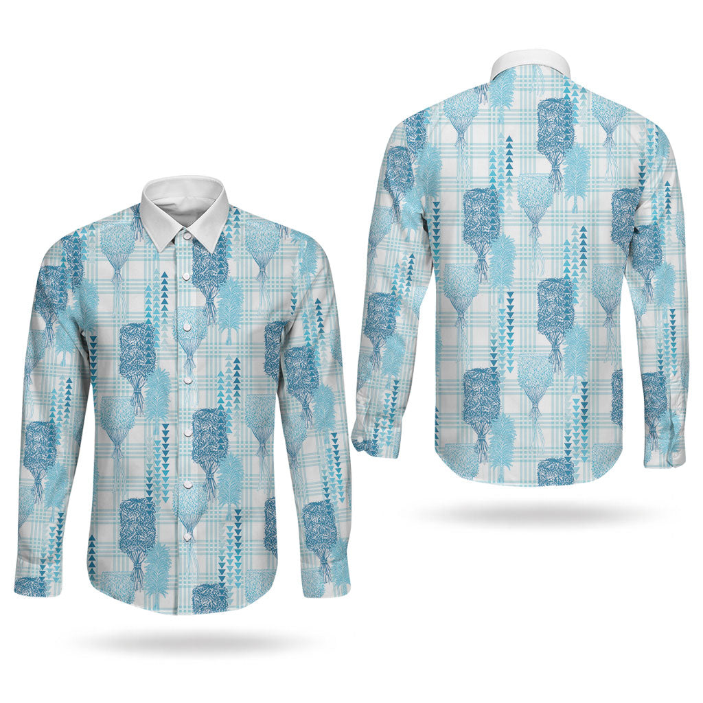 Aloha Hawaii Vintage Kahili Pa'a Lima Couples Matching Long Sleeve Bodycon Dress and Long Sleeve Button Shirt Palaka Print Oceanic Turquoise