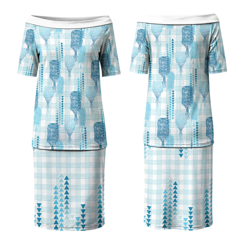 Aloha Hawaii Vintage Kahili Pa'a Lima Couples Matching Puletasi and Hawaiian Shirt Palaka Print Oceanic Turquoise