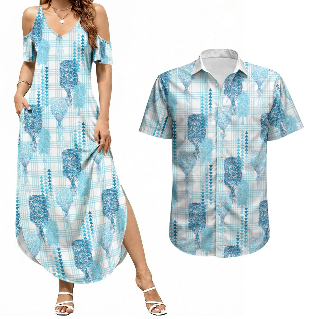 Aloha Hawaii Vintage Kahili Pa'a Lima Couples Matching Summer Maxi Dress and Hawaiian Shirt Palaka Print Oceanic Turquoise