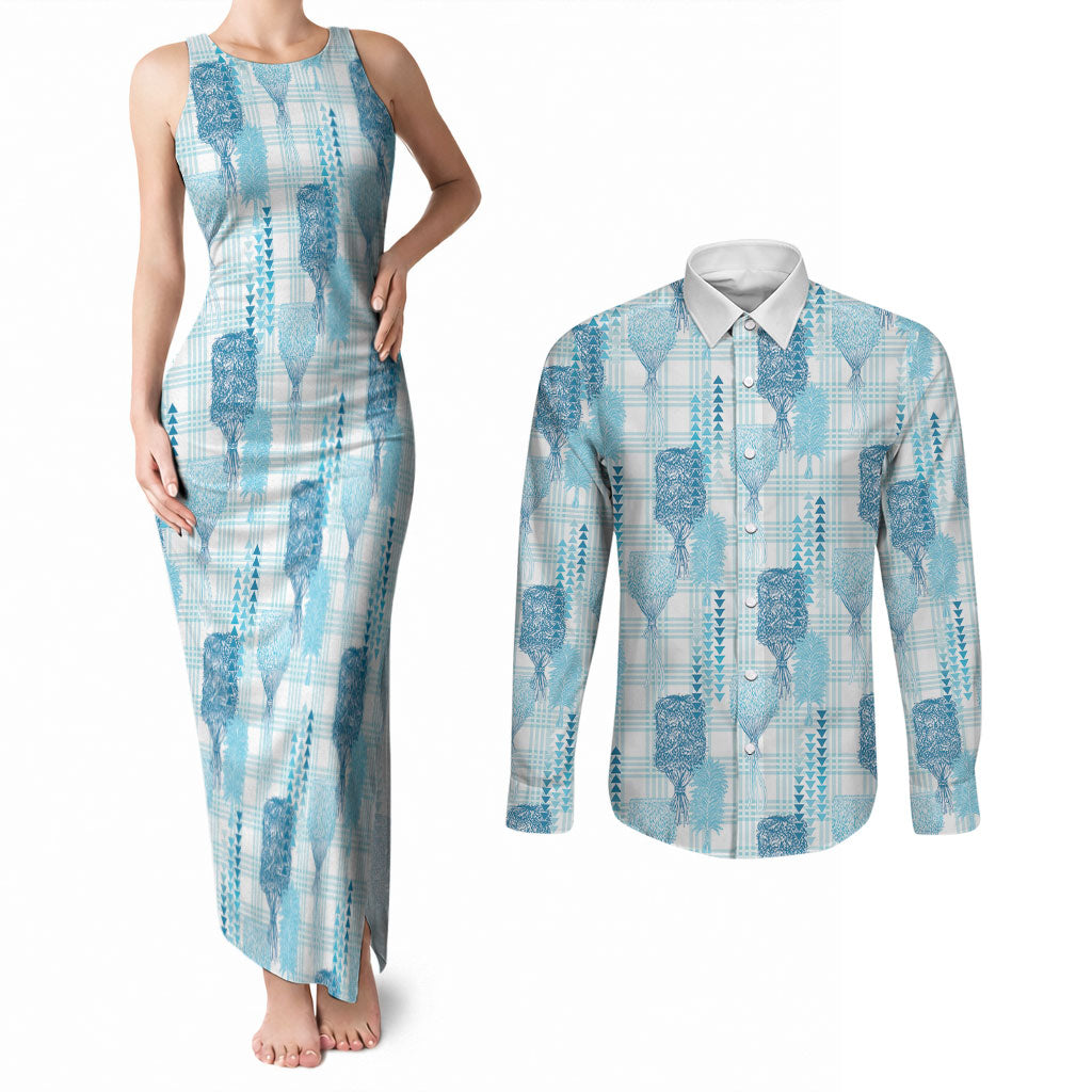 Aloha Hawaii Vintage Kahili Pa'a Lima Couples Matching Tank Maxi Dress and Long Sleeve Button Shirt Palaka Print Oceanic Turquoise
