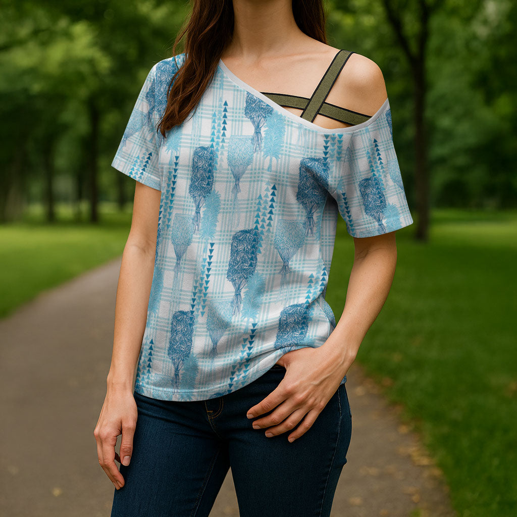 Aloha Hawaii Vintage Kahili Pa'a Lima Cross Shoulder Shirt Palaka Print Oceanic Turquoise