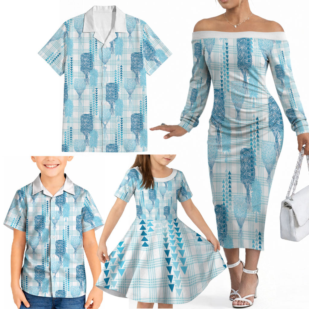 Aloha Hawaii Vintage Kahili Pa'a Lima Family Matching Off The Shoulder Long Sleeve Dress and Hawaiian Shirt Palaka Print Oceanic Turquoise