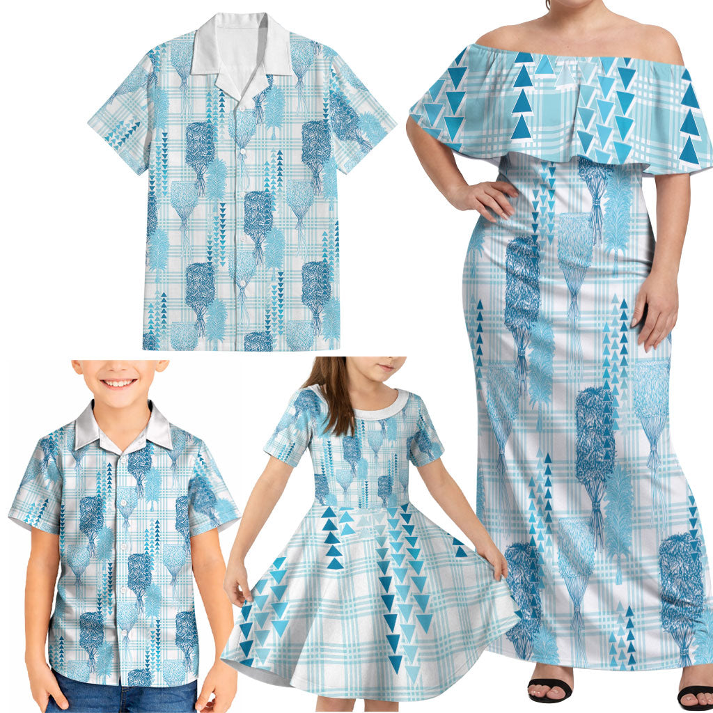 Aloha Hawaii Vintage Kahili Pa'a Lima Family Matching Off Shoulder Maxi Dress and Hawaiian Shirt Palaka Print Oceanic Turquoise