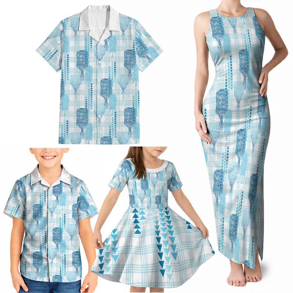 Aloha Hawaii Vintage Kahili Pa'a Lima Family Matching Tank Maxi Dress and Hawaiian Shirt Palaka Print Oceanic Turquoise