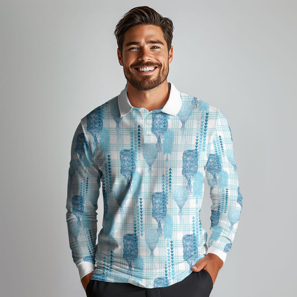 Aloha Hawaii Vintage Kahili Pa'a Lima Long Sleeve Polo Shirt Palaka Print Oceanic Turquoise