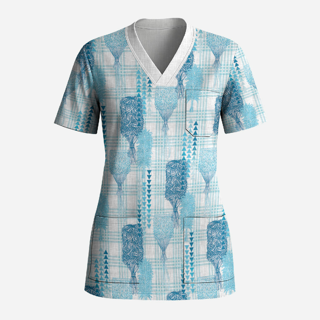 Aloha Hawaii Vintage Kahili Pa'a Lima Scrub Top Palaka Print Oceanic Turquoise LT7 Adult Turquoise - Polynesian Pride