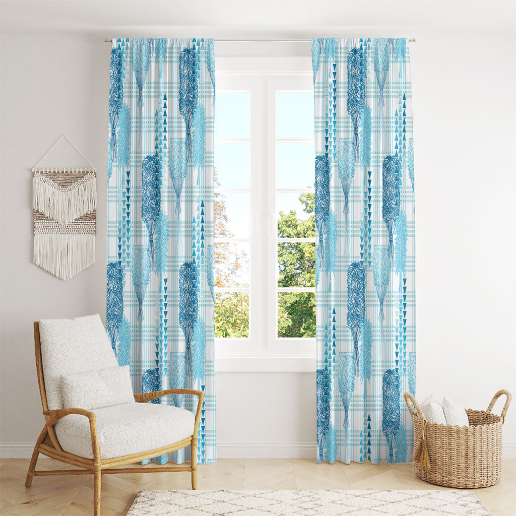 Aloha Hawaii Vintage Kahili Pa'a Lima Window Curtain Palaka Print Oceanic Turquoise