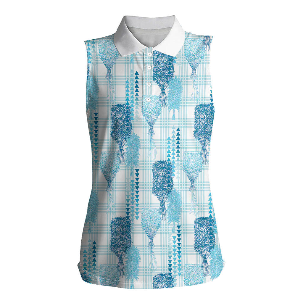 Aloha Hawaii Vintage Kahili Pa'a Lima Women Sleeveless Polo Shirt Palaka Print Oceanic Turquoise