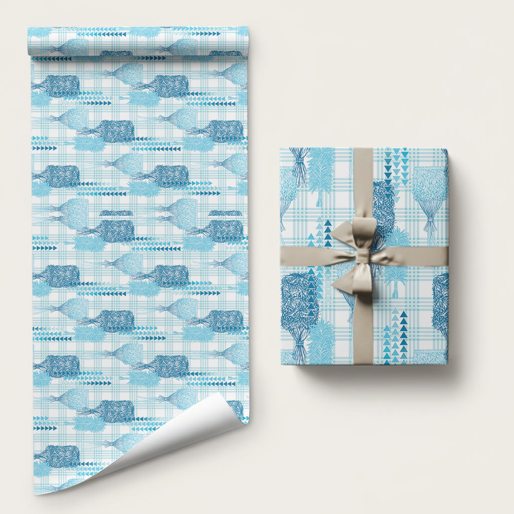 Aloha Hawaii Vintage Kahili Pa'a Lima Wrapping Paper Palaka Print Oceanic Turquoise