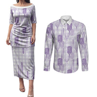 Aloha Hawaii Vintage Kahili Pa'a Lima Couples Matching Puletasi and Long Sleeve Button Shirt Palaka Print Pastel Lavender