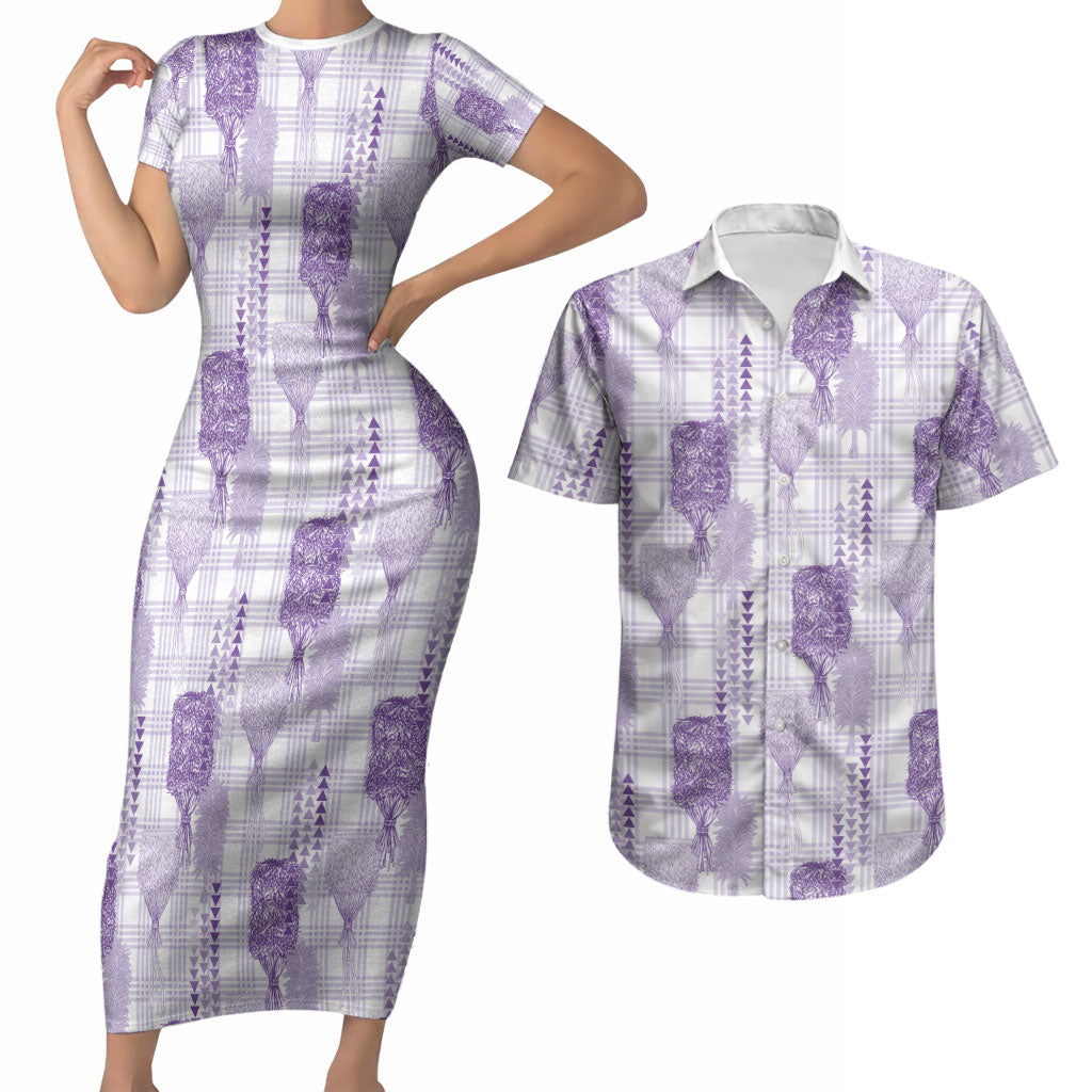 Aloha Hawaii Vintage Kahili Pa'a Lima Couples Matching Short Sleeve Bodycon Dress and Hawaiian Shirt Palaka Print Pastel Lavender LT7 Lavender - Polynesian Pride