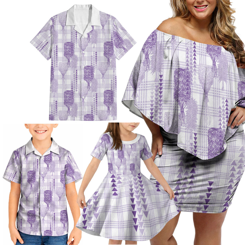 Aloha Hawaii Vintage Kahili Pa'a Lima Family Matching Off Shoulder Short Dress and Hawaiian Shirt Palaka Print Pastel Lavender