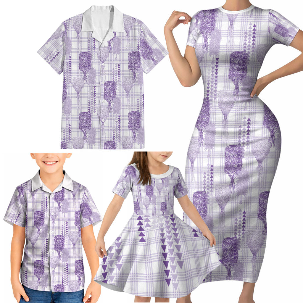 Aloha Hawaii Vintage Kahili Pa'a Lima Family Matching Short Sleeve Bodycon Dress and Hawaiian Shirt Palaka Print Pastel Lavender LT7 - Polynesian Pride