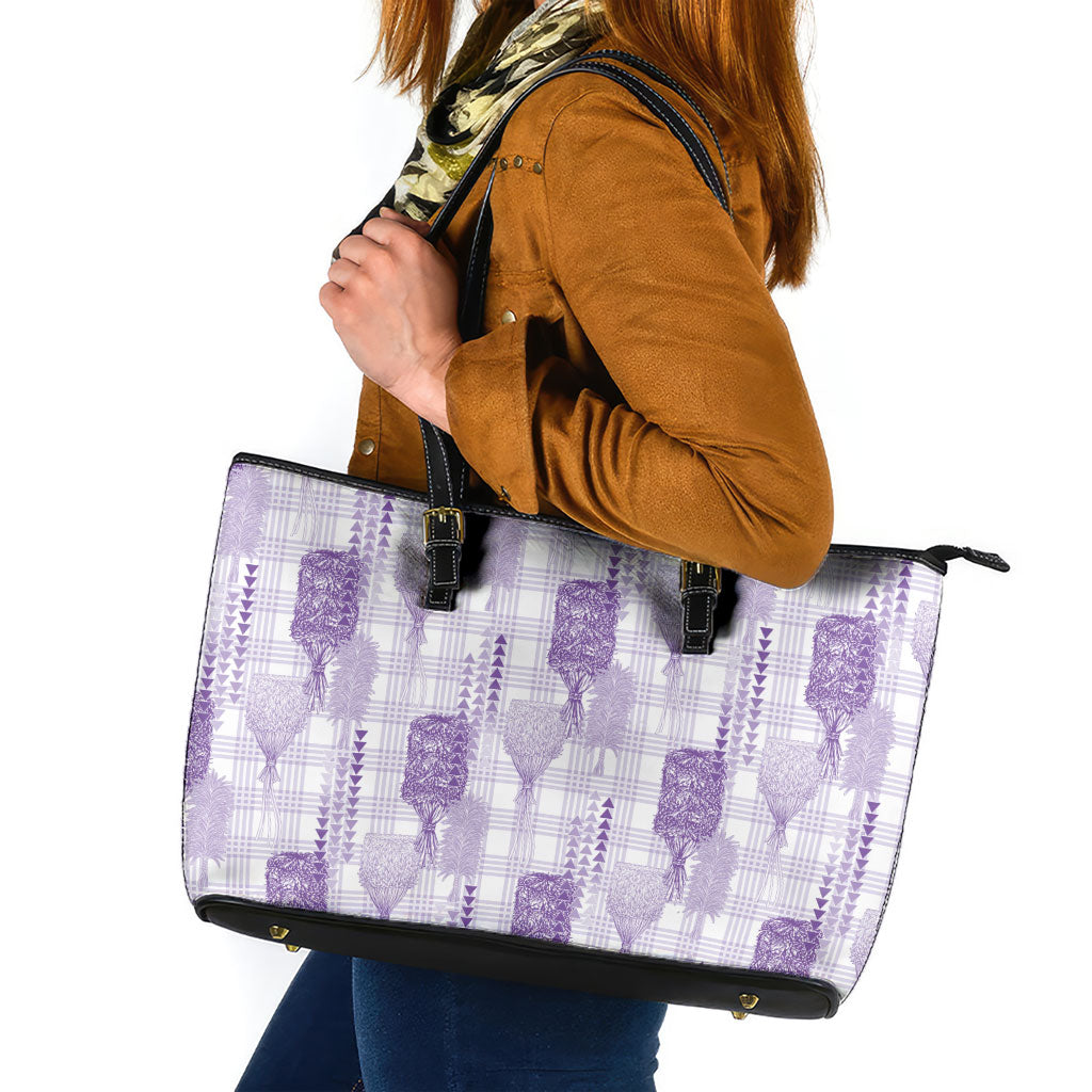 Aloha Hawaii Vintage Kahili Pa'a Lima Leather Tote Bag Palaka Print Pastel Lavender LT7 Lavender - Polynesian Pride