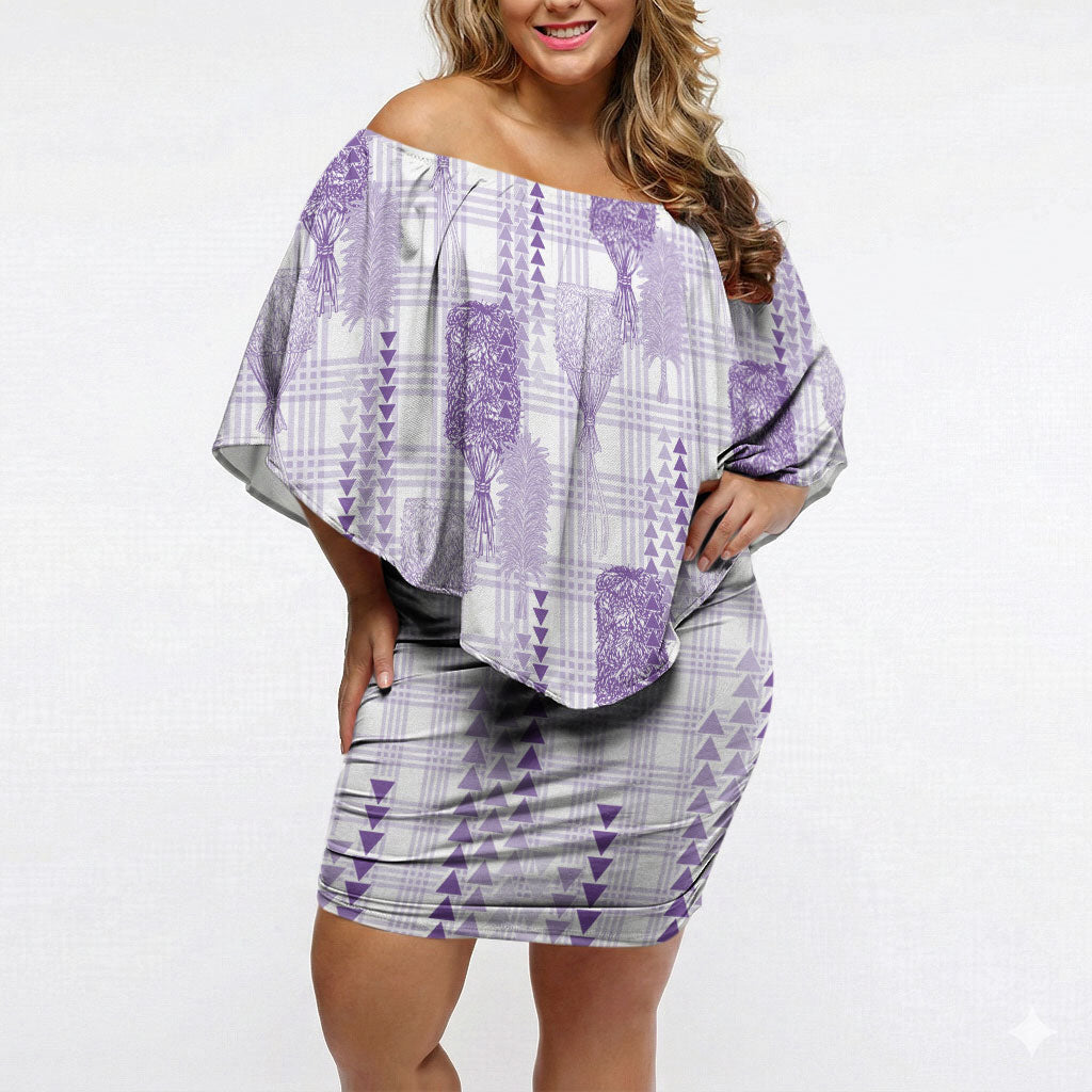 Aloha Hawaii Vintage Kahili Pa'a Lima Off Shoulder Short Dress Palaka Print Pastel Lavender