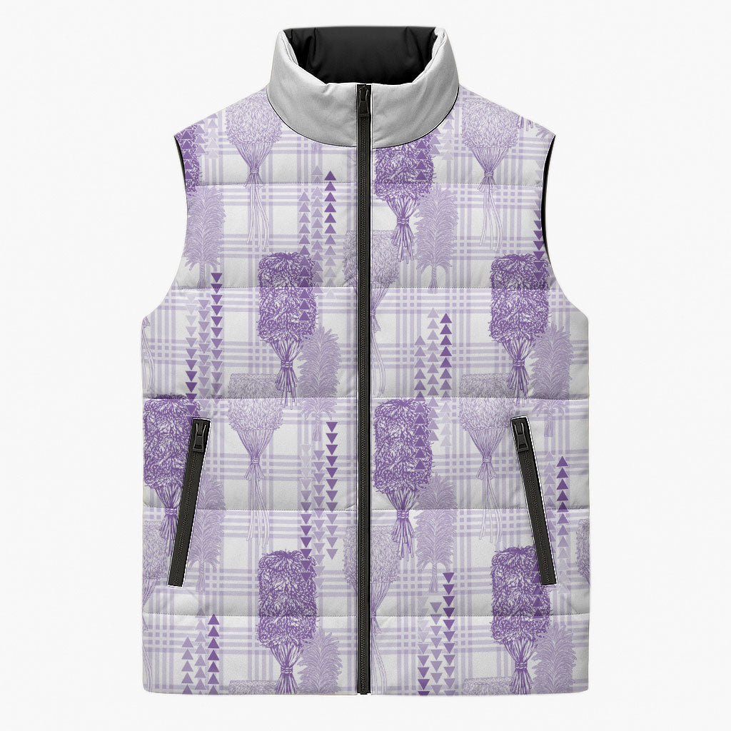 Aloha Hawaii Vintage Kahili Pa'a Lima Sleeveless Puffer Jacket Palaka Print Pastel Lavender LT7 Unisex Lavender - Polynesian Pride