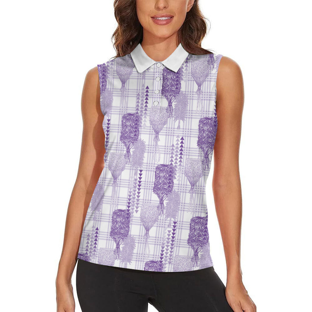 Aloha Hawaii Vintage Kahili Pa'a Lima Women Sleeveless Polo Shirt Palaka Print Pastel Lavender