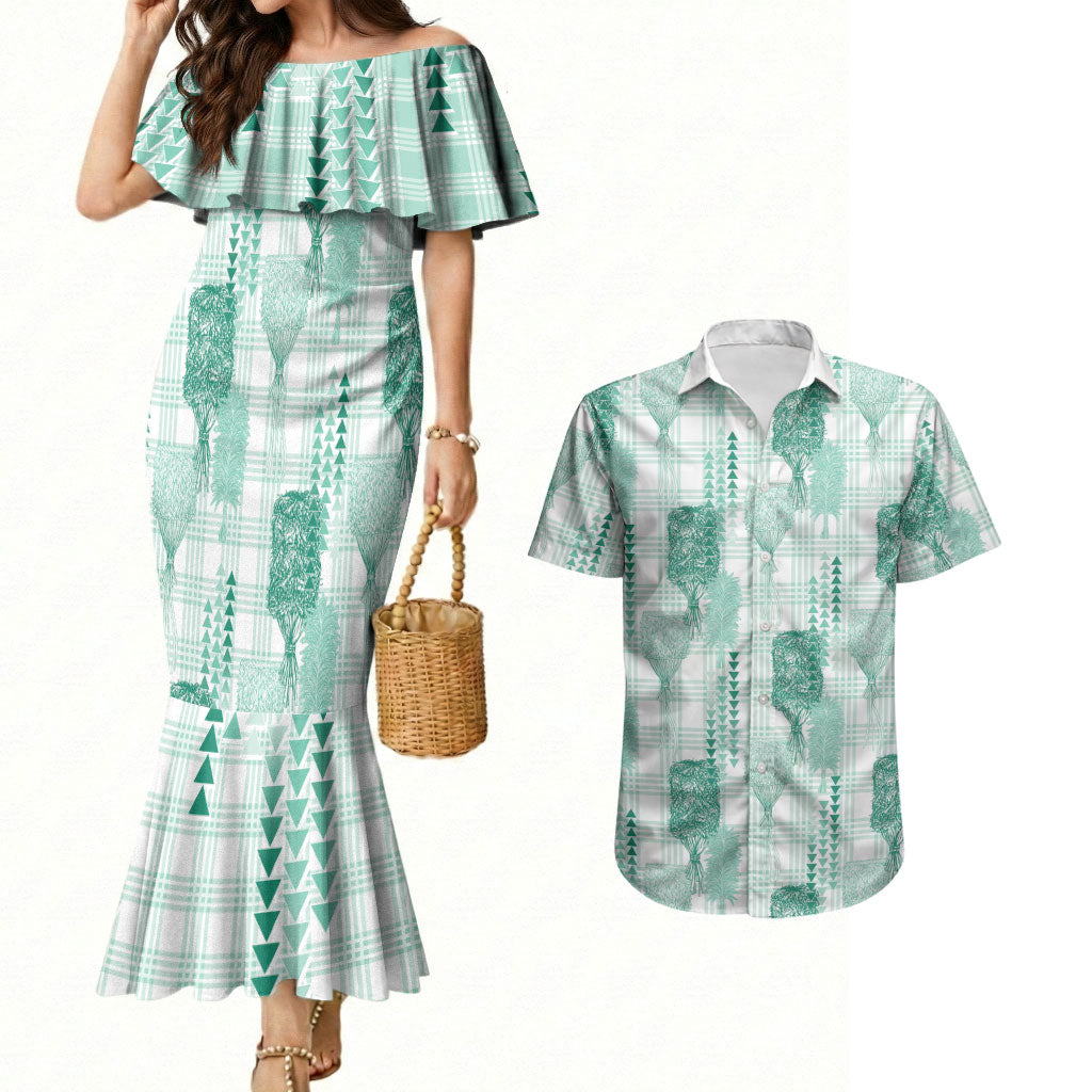 Aloha Hawaii Vintage Kahili Pa'a Lima Couples Matching Mermaid Dress and Hawaiian Shirt Palaka Print Mossy Teal LT7 Mossy Teal - Polynesian Pride