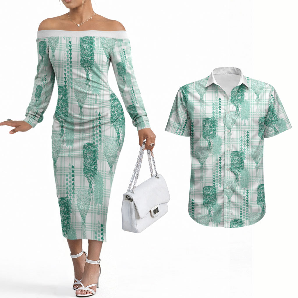 Aloha Hawaii Vintage Kahili Pa'a Lima Couples Matching Off The Shoulder Long Sleeve Dress and Hawaiian Shirt Palaka Print Mossy Teal LT7 Mossy Teal - Polynesian Pride