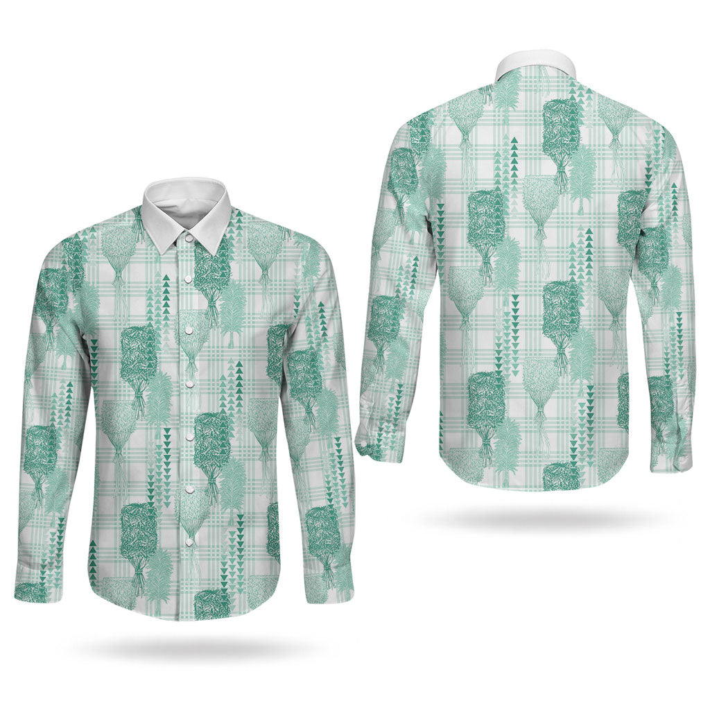 Aloha Hawaii Vintage Kahili Pa'a Lima Couples Matching Puletasi and Long Sleeve Button Shirt Palaka Print Mossy Teal
