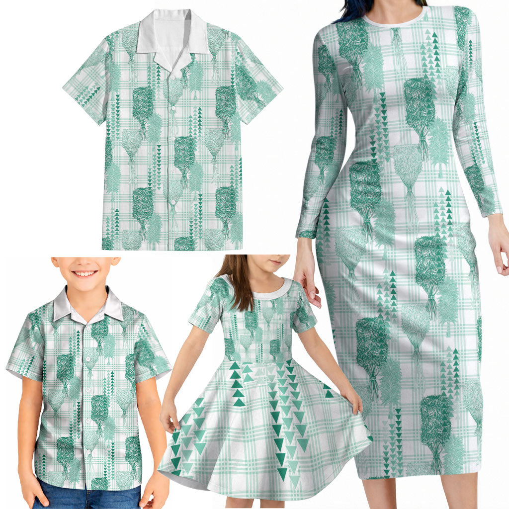 Aloha Hawaii Vintage Kahili Pa'a Lima Family Matching Long Sleeve Bodycon Dress and Hawaiian Shirt Palaka Print Mossy Teal