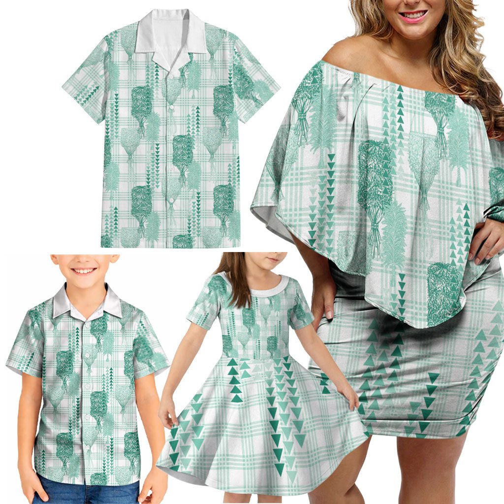 Aloha Hawaii Vintage Kahili Pa'a Lima Family Matching Off Shoulder Short Dress and Hawaiian Shirt Palaka Print Mossy Teal LT7 - Polynesian Pride