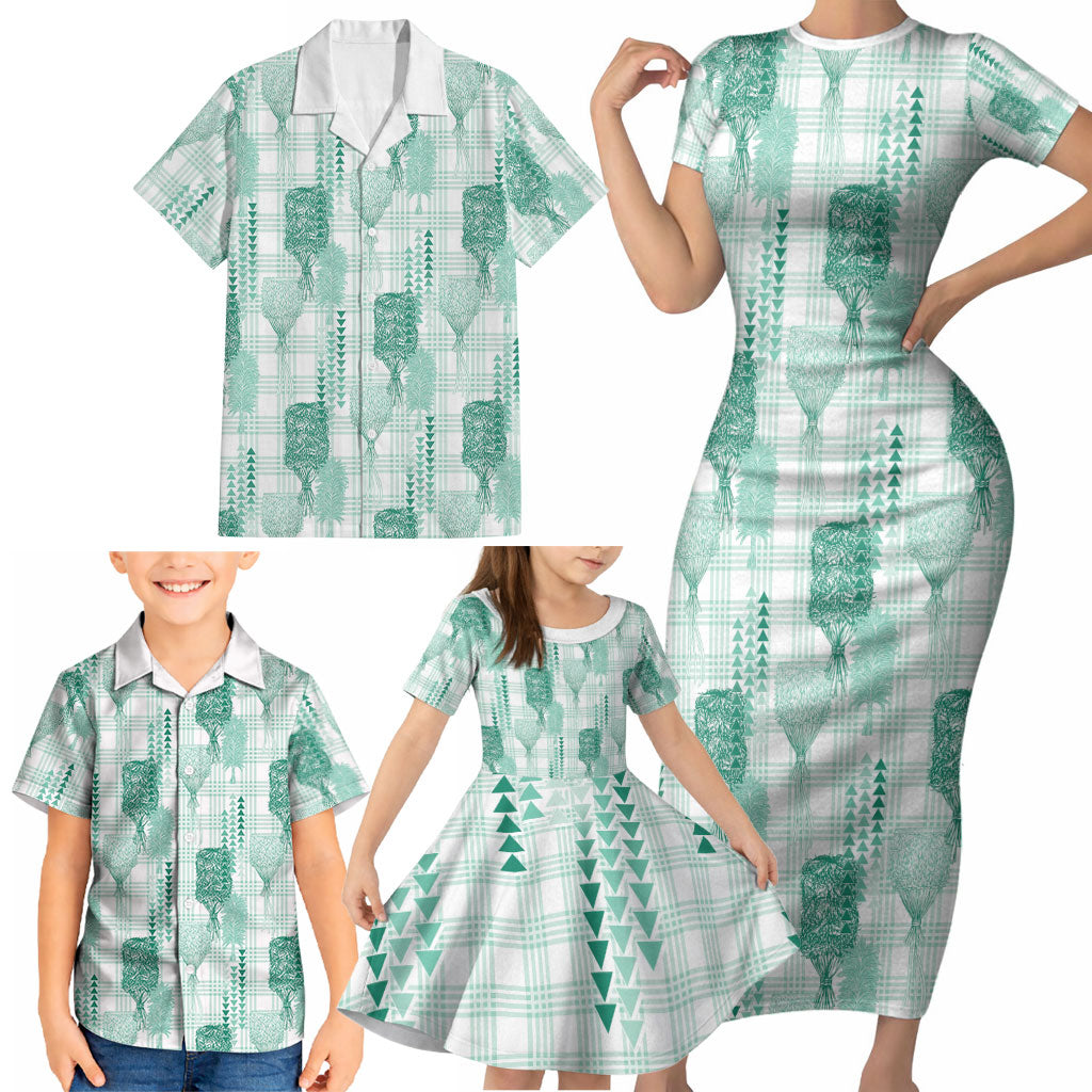 Aloha Hawaii Vintage Kahili Pa'a Lima Family Matching Short Sleeve Bodycon Dress and Hawaiian Shirt Palaka Print Mossy Teal