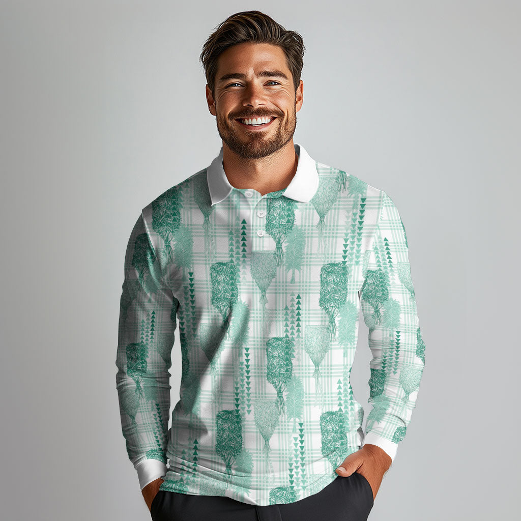 Aloha Hawaii Vintage Kahili Pa'a Lima Long Sleeve Polo Shirt Palaka Print Mossy Teal