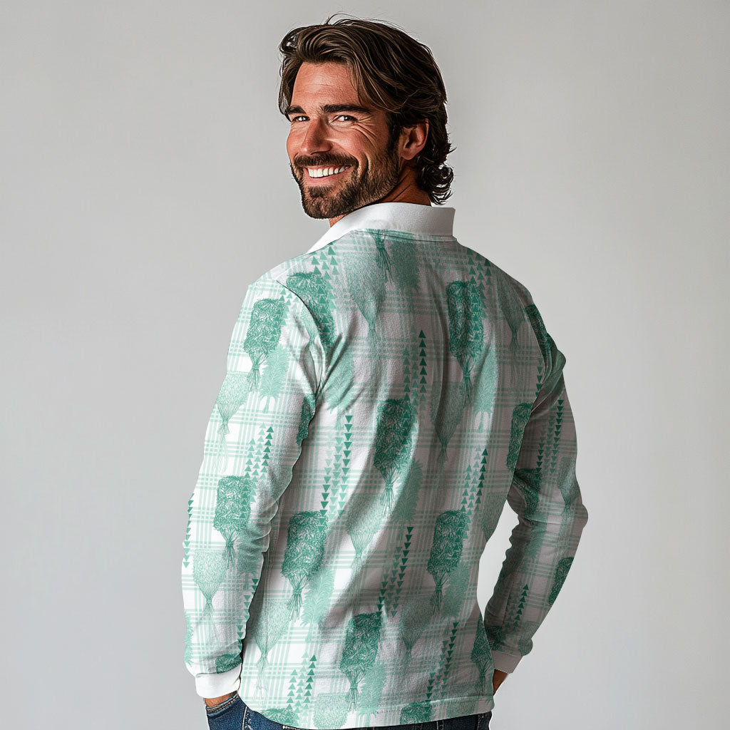 Aloha Hawaii Vintage Kahili Pa'a Lima Long Sleeve Polo Shirt Palaka Print Mossy Teal