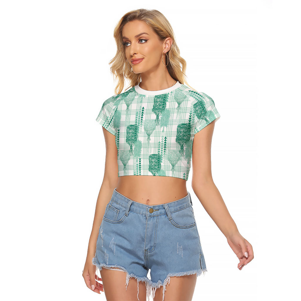 Aloha Hawaii Vintage Kahili Pa'a Lima Raglan Cropped T Shirt Palaka Print Mossy Teal LT7 Female Mossy Teal - Polynesian Pride