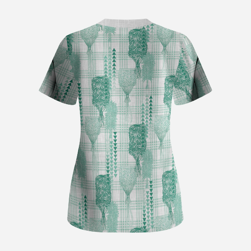 Aloha Hawaii Vintage Kahili Pa'a Lima Scrub Top Palaka Print Mossy Teal