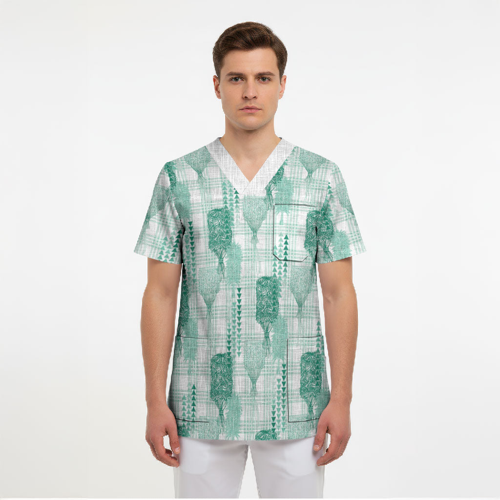 Aloha Hawaii Vintage Kahili Pa'a Lima Scrub Top Palaka Print Mossy Teal