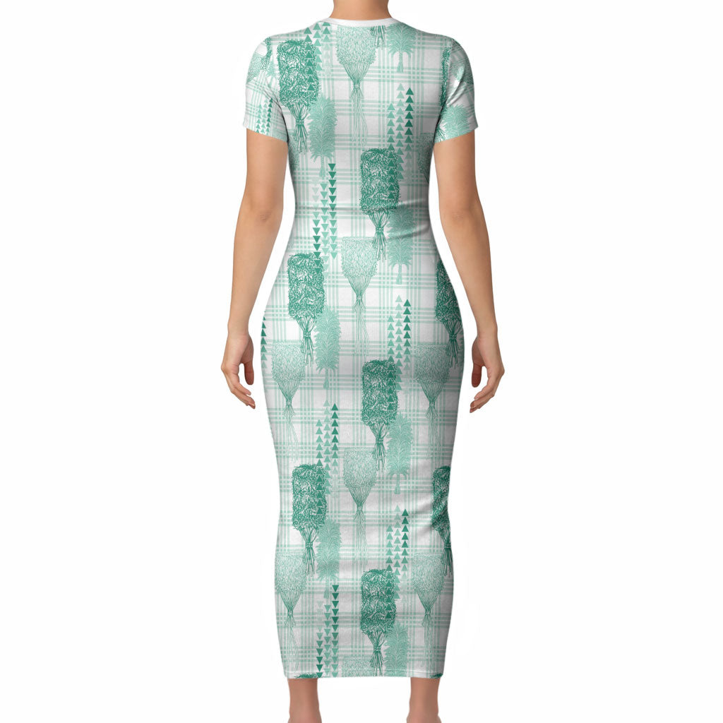 Aloha Hawaii Vintage Kahili Pa'a Lima Short Sleeve Bodycon Dress Palaka Print Mossy Teal
