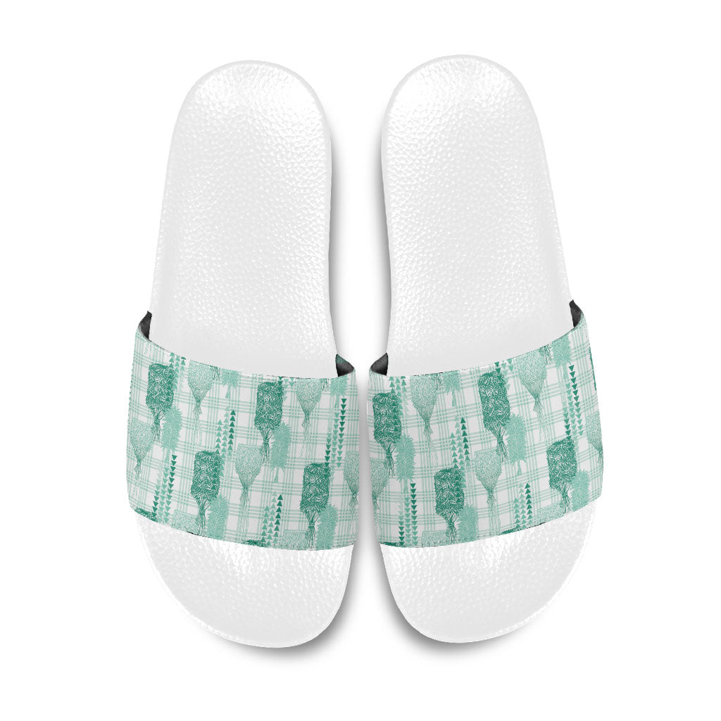 Aloha Hawaii Vintage Kahili Pa'a Lima Slide Sandals Palaka Print Mossy Teal