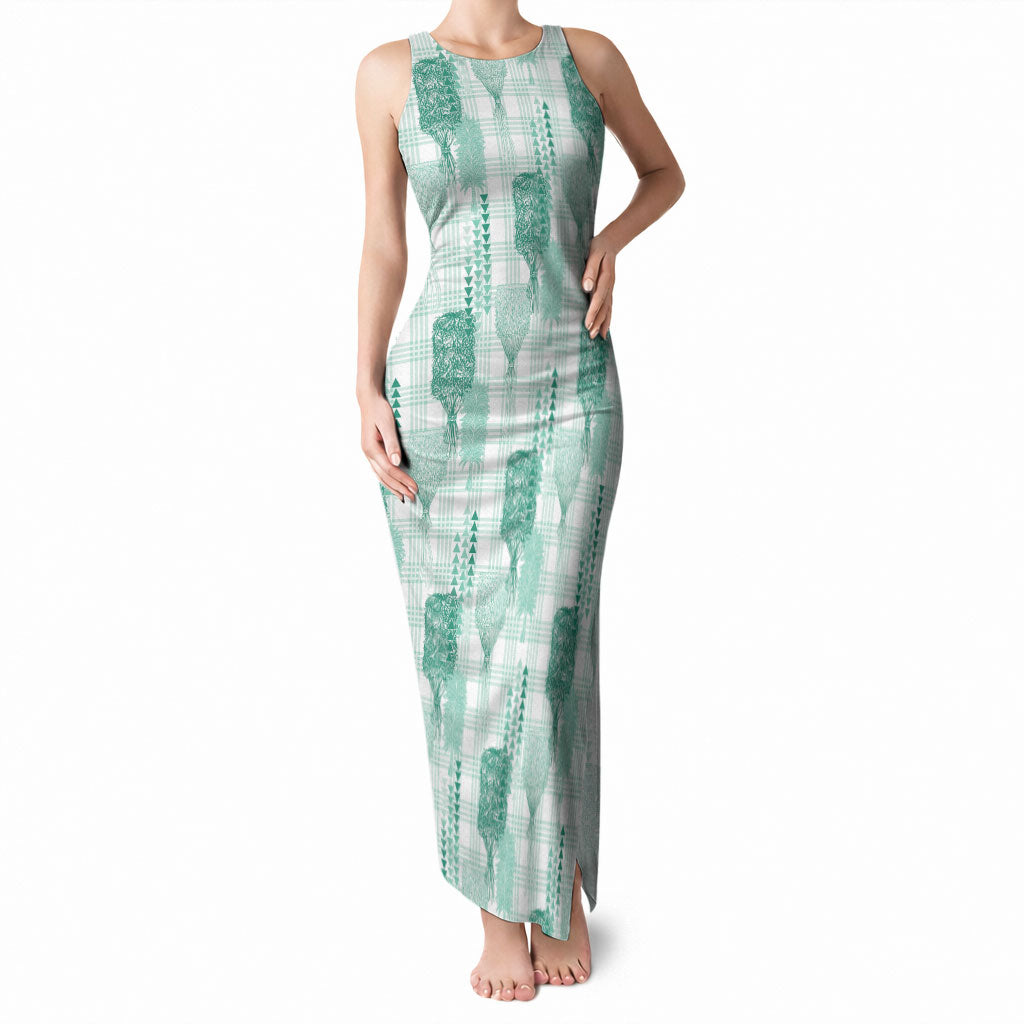 Aloha Hawaii Vintage Kahili Pa'a Lima Tank Maxi Dress Palaka Print Mossy Teal LT7 Women Mossy Teal - Polynesian Pride