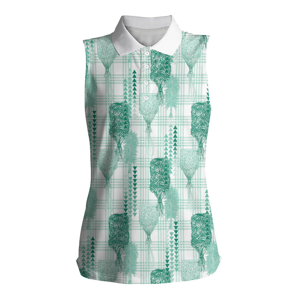 Aloha Hawaii Vintage Kahili Pa'a Lima Women Sleeveless Polo Shirt Palaka Print Mossy Teal LT7 Female Mossy Teal - Polynesian Pride