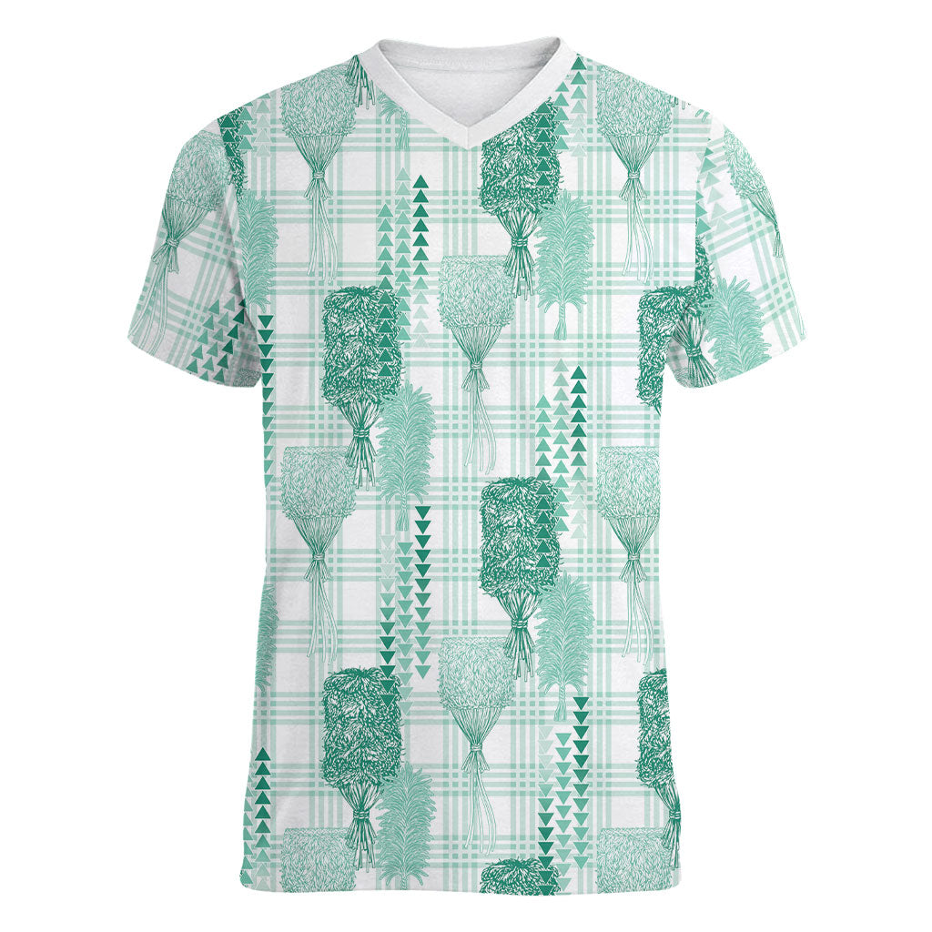 Aloha Hawaii Vintage Kahili Pa'a Lima Women V-Neck T-Shirt Palaka Print Mossy Teal LT7 Female Mossy Teal - Polynesian Pride